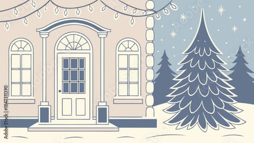 Festive house with Christmas tree and string lights winter scene illustration for holiday greeting c