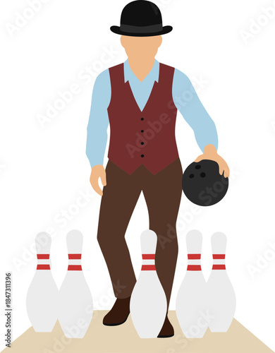 Flat Style Elegant Man Ready to Play Bowling with Pin and Ball