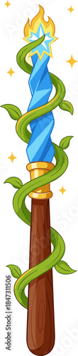 Cartoon Style Decorative Magic Wand with Star Flame and Vine