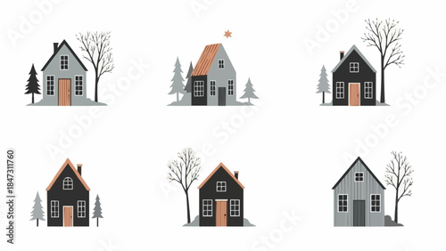 Collection of Six Charming Houses with Trees and Winter Atmosphere.