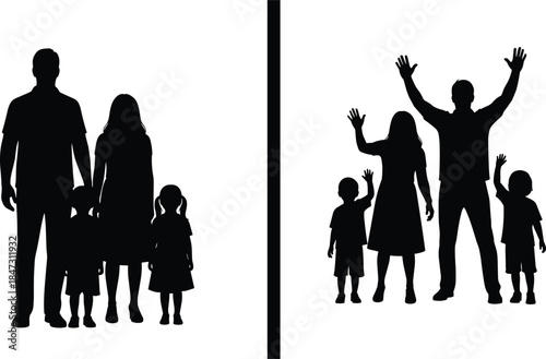 Family Separation and Happy Reunion Silhouette Vector Illustration Showing Parents and Children Divided and Joyfully Together, Representing Social Issues and Hope.