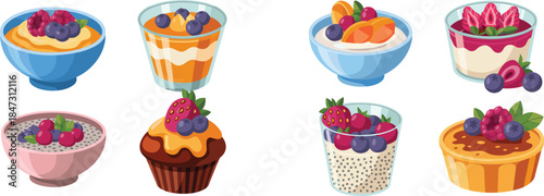 Collection of delicious fruit desserts including parfaits, chia bowls, muffins, tart, and creamy treats, colorful sweet food illustration set