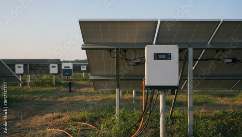 A close-up of a solar panel array with a white inverter box in a field