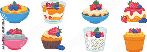 Collection of delicious fruit desserts including parfaits, chia bowls, muffins, tart, and creamy treats, colorful sweet food illustration set