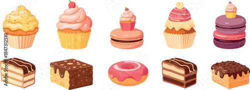 Colorful cartoon desserts including cupcakes, macarons, cake slices and doughnut, perfect for bakery design, sweet food illustration, patisserie artwork and decoration