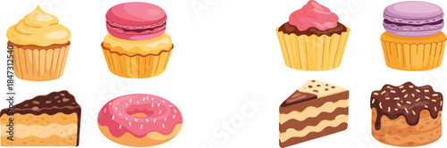 Colorful cartoon desserts including cupcakes, macarons, cake slices and doughnut, perfect for bakery design, sweet food illustration, patisserie artwork and decoration