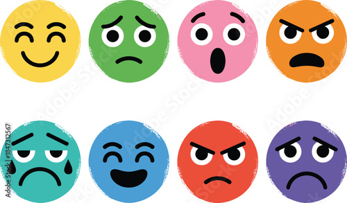 Colorful emotion faces illustration, expressive emoji set, happy sad angry surprised icons, cartoon facial expressions, mental health feelings symbols artwork