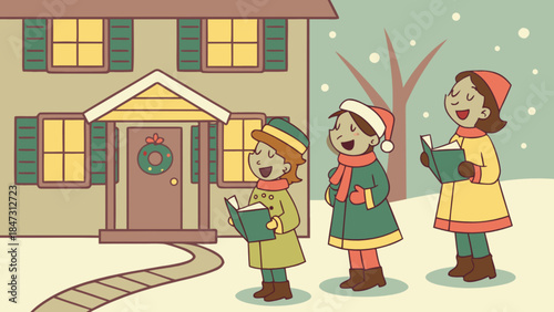 Children singing Christmas carols outside a house winter scene with snow and festive decorations hol