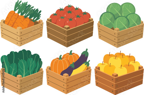 Colorful farm vegetable and fruit crates including carrots, tomatoes, cabbage, leafy greens, pumpkins, squash, and apples in a cute flat cartoon style