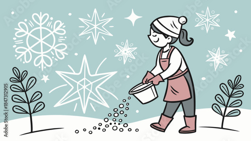 Woman scattering salt on icy path winter scene with snowflakes and plants concept for safety and win