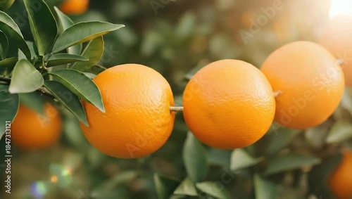 Close up of ripe oranges hanging on a tree branch with green leaves.