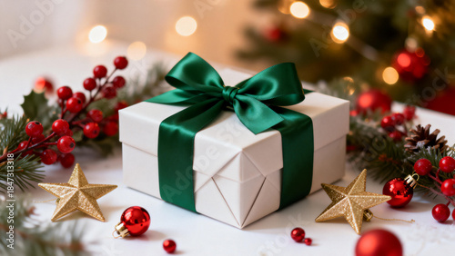 White gift box with green ribbon surrounded by Christmas decorations including holly, berries, pine branches, and ornaments