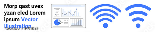 Analytics dashboard with charts and graphs alongside two wireless signal icons in blue. Ideal for technology, networking, wireless connectivity, data management, communication, analytics, and simple