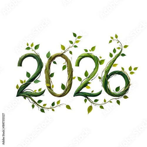 Eco-Friendly 2026 New Year Illustration with Green Vines and Leaves Vector