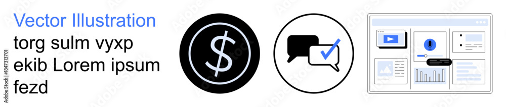 Obraz premium Data analytics, financial management, online communication, technology solutions, coding, user interface design. Dollar sign and speech bubble icons, software interface. Data analytics and financial