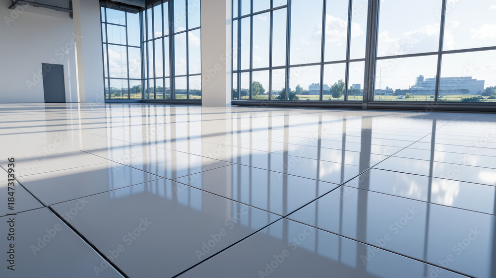 Naklejka premium Sunlit glossy tile floor open modern interior with large windows reflecting sky
