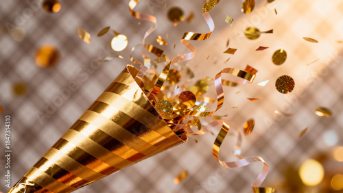 Golden party popper exploding with confetti and streamers against a checkered background