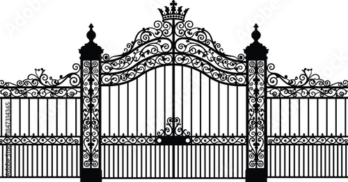 Royal wrought iron gate silhouette vector illustration, ornate palace entrance fence with crown detail, luxury vintage architectural design isolated on white background