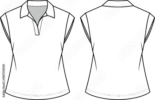 Women sleeveless polo shirt front and back view, apparel technical sketch, fashion template, cad drawing flat vector illustration
