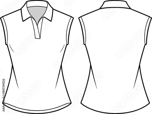 Women sleeveless polo shirt front back view, apparel technical sketch, fashion template, cad drawing flat vector illustration