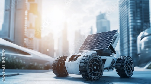 Futuristic solar-powered rover driving through a modern cityscape