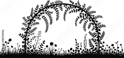 Floral garden arch silhouette vector, botanical meadow frame, decorative nature border, elegant romantic outdoor wedding illustration design, cad drawing flat