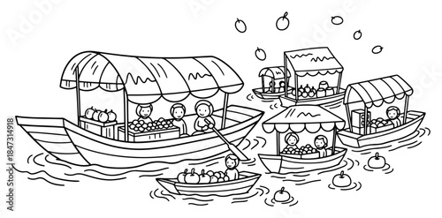 Traditional thai floating market scene with boats and fruit vendors in doodle style