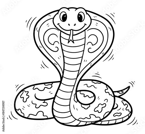 Smiling cartoon king cobra snake illustration in black and white doodle style