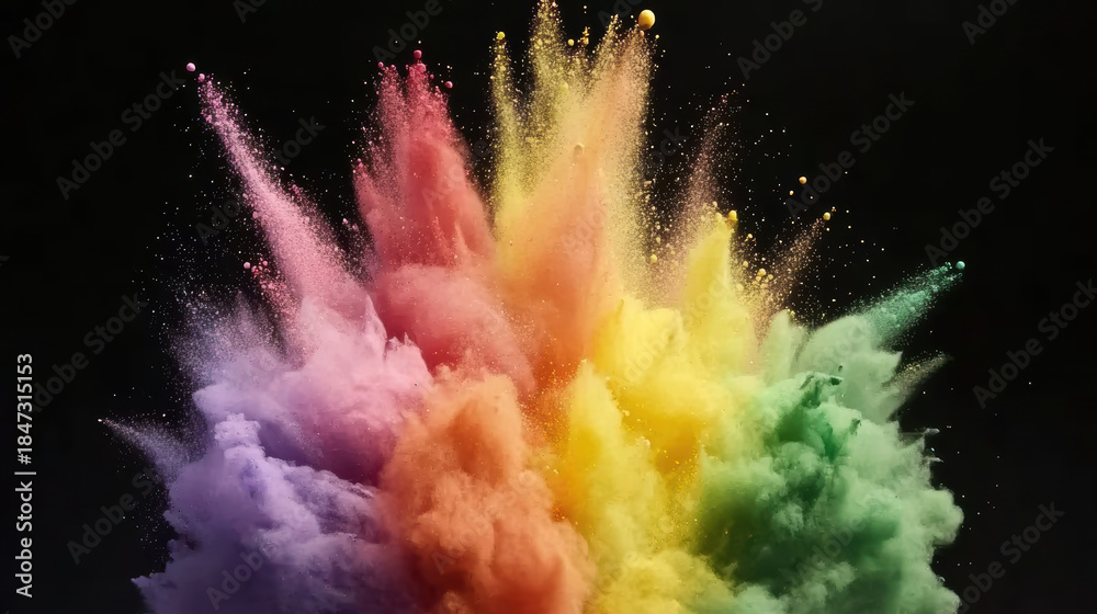 Fototapeta premium Colorful powder explosion with rainbow clouds and dynamic splashes