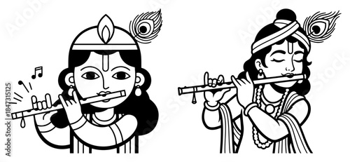 Lord Krishna playing flute with peacock feather in black and white line art
