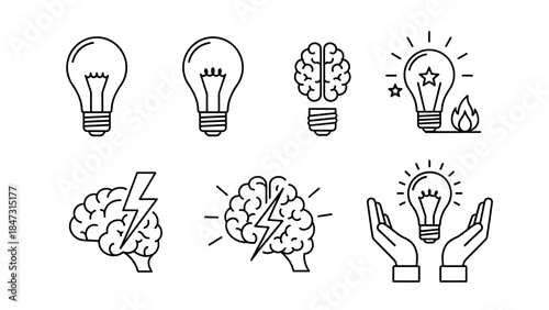 Line art illustration light bulbs brains symbolizing ideas creativity innovation intelligence isolated on white background