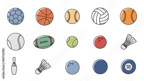 Collection of various hand drawn sports balls and equipment