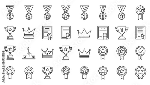 Collection of award achievement success victory recognition line art icons isolated on white background concept