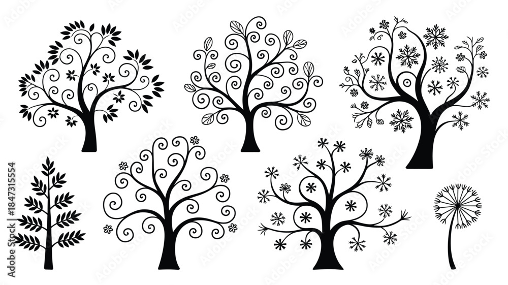 Obraz premium Collection of diverse stylized black tree silhouettes and dandelion puffs on a crisp white background