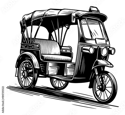 Detailed ink style illustration of a traditional asian auto rickshaw taxi vehicle