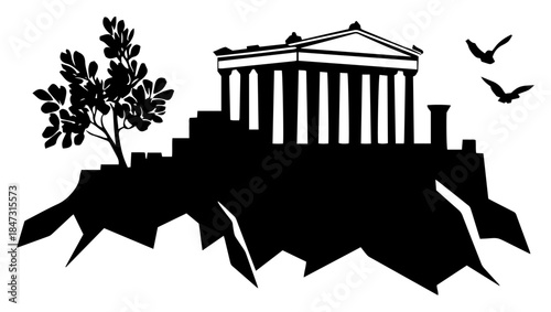 Ancient greek parthenon temple silhouette on acropolis hill