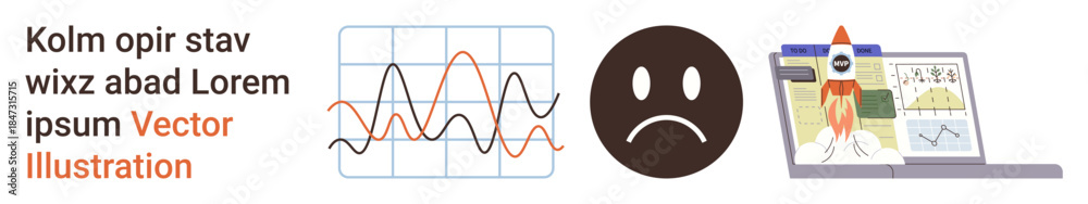 Fototapeta premium Data analysis, emotions in communications, education tools, technology presentations, content creation, online learning focus. Line graphs, sad face digital rocket on a laptop. Data analysis