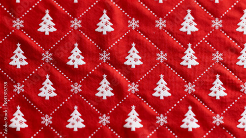Red fabric with white Christmas tree and snowflake pattern