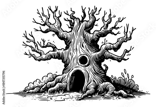 Spooky old tree with hollow trunk and twisted branches in vintage style