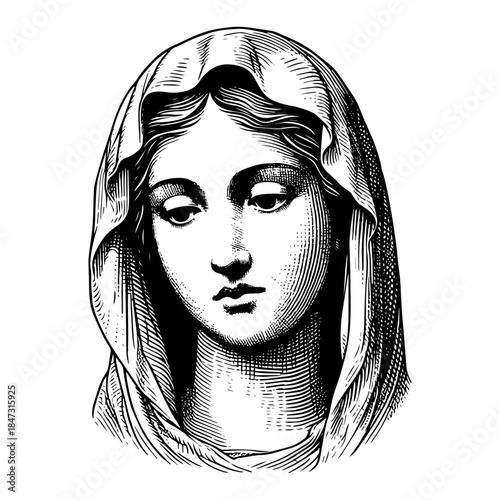 Virgin mary portrait illustration in vintage engraving style