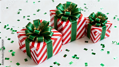Three red and white striped gift boxes with green ribbons and bows, surrounded by green confetti on a white background