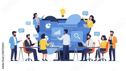 Business professionals presenting and analyzing data, collaborating on strategic ideas