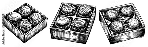 Hand drawn sketch of open chocolate boxes filled with pralines
