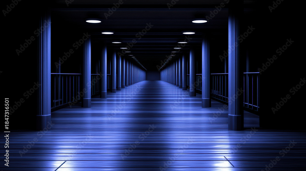 Naklejka premium Blue illuminated wooden corridor with repeating columns and overhead lights evoking futuristic