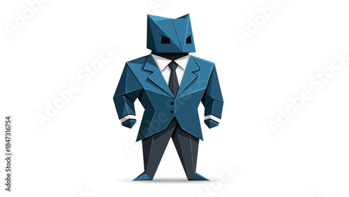 Geometric Blue Cat-Masked Businessman Illustration: Modern Corporate Mascot in Suit, Confident Stance, Professional Character Design