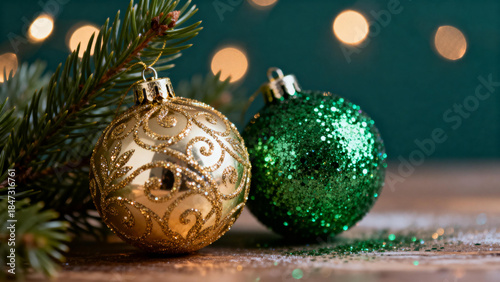 Golden and green Christmas ornaments with pine branch on wooden surface against blurred lights