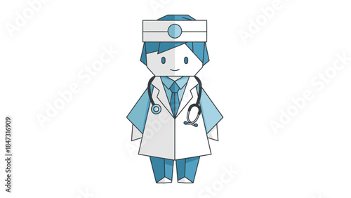 Origami Doctor Illustration: Healthcare Professional in Paper Craft Style with Stethoscope and Surgical Cap