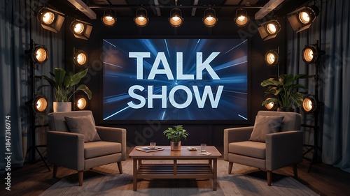 Professional television studio set with comfortable armchairs and a large screen displaying the words talk show
