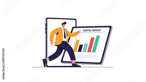 Business professional emerging from phone screen, presenting digital report on tablet