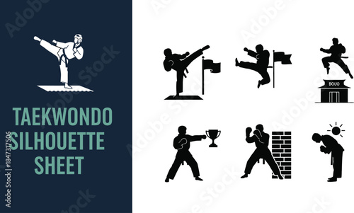 Silhouette sheet of taekwondo martial arts training action poses